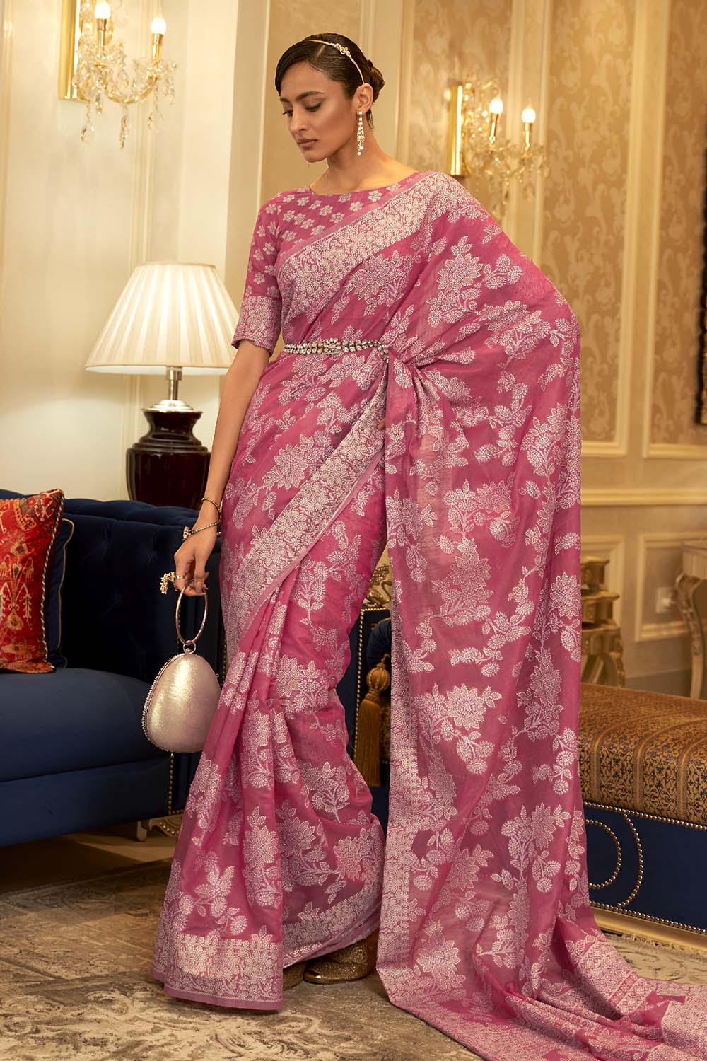 Rose Pink Color Chikankari Lucknowi Saree With Weaving Work