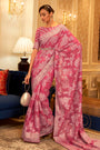 Pink Colour Chikankari Lucknowi Saree With Weaving Work
