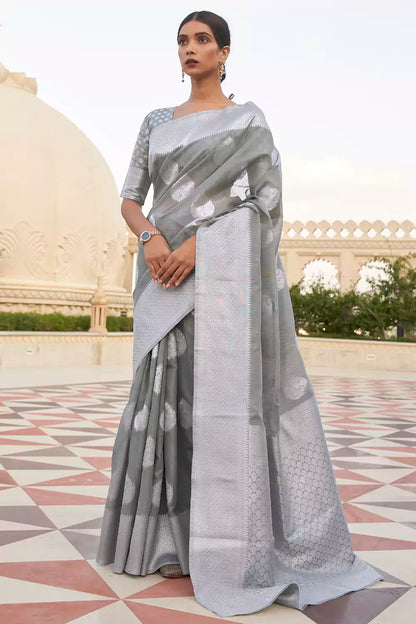 Grey Pure Linen Weaving Saree