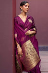 Wine Zari Woven Pure Satin Silk Saree