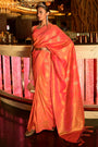 Orange Handloom Silk Saree With Zari Weaving