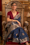 Blue Tussar Silk Saree With Weaving Work