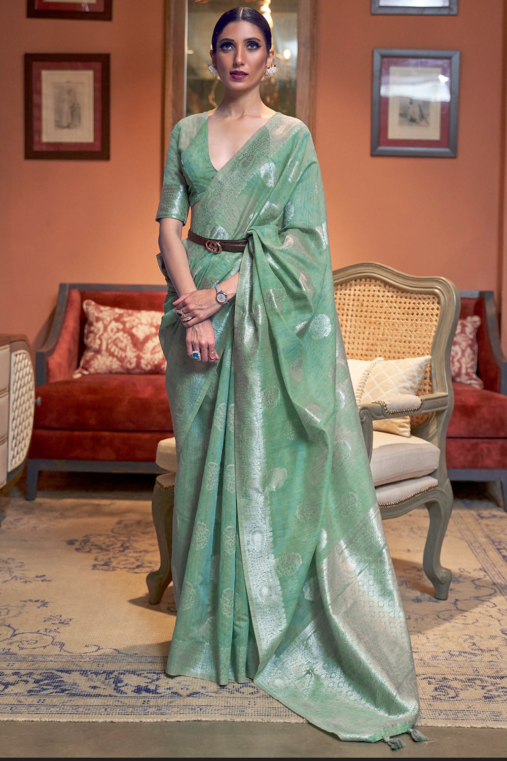 Turquoise Green Linen Saree With Weaving Work
