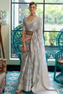 Metal Grey Chicankari Saree With Lucknowi Weaving
