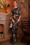 Black Pure  Satin Copper Zari Satin Handloom Weaving
