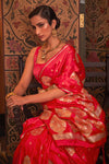 Red  Pure  Satin Copper Zari Satin Handloom Weaving