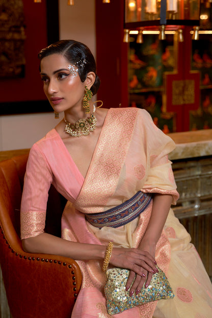 Baby Pink Fancy Linen Weaving Saree