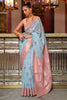 Peach And Sky Blue   Fancy  Linen Weaving Saree
