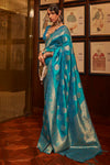 Cyan Blue Kanjivaram Silk Saree With Handloom Weaving