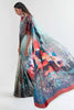 Floral Ocean Blue Satin Crepe Saree