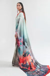 Floral Ocean Blue Satin Crepe Saree