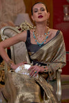 Golden Gray & Black Kashmiri Chaap Handloom Weaving Saree