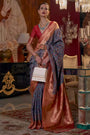 Navy Blue & Red Kashmiri Chaap Handloom Weaving Saree