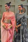 Peach Lucknowi Chikankari  Saree With Lucknowi Weaving