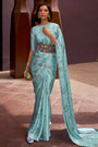 Sky Blue Pure Satin Digital Printed Creep Saree