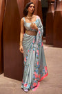 Gray Pure Satin Digital Printed Creep Saree