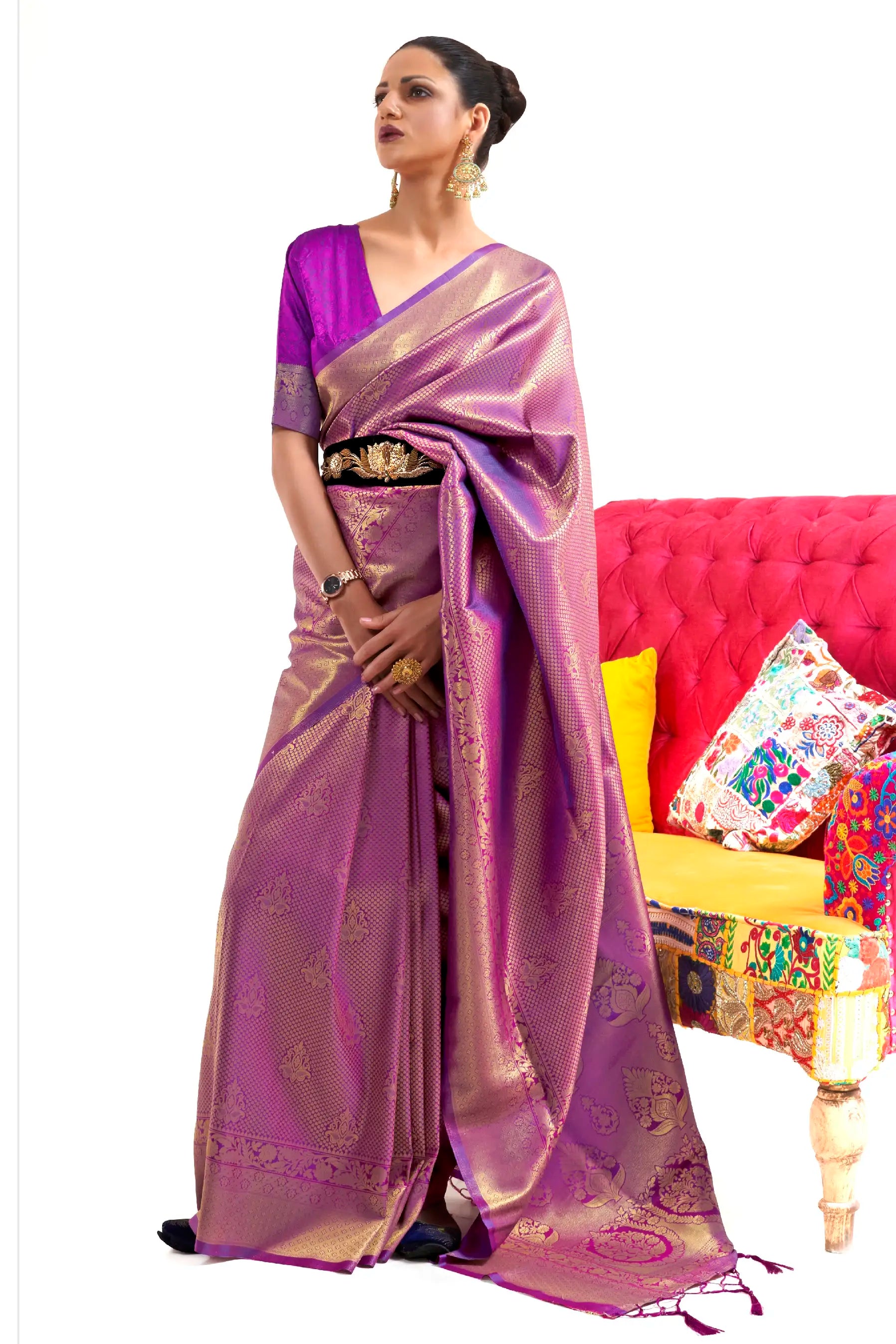 Purple Soft Kanjivaram Silk Wedding Saree With Blouse