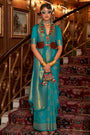 Firozi Handloom Silk Saree With Zari Weaving Work