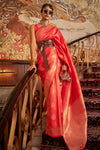 Peach Handloom Silk Saree With Zari Weaving Work