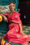 Pink Pure Satin Silk Saree With Weaving Work