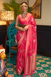 Pink Pure Satin Silk Saree With Weaving Work
