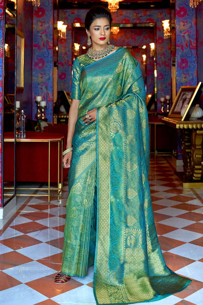 Basil Green Kylie Silk Saree With Handloom Weaving