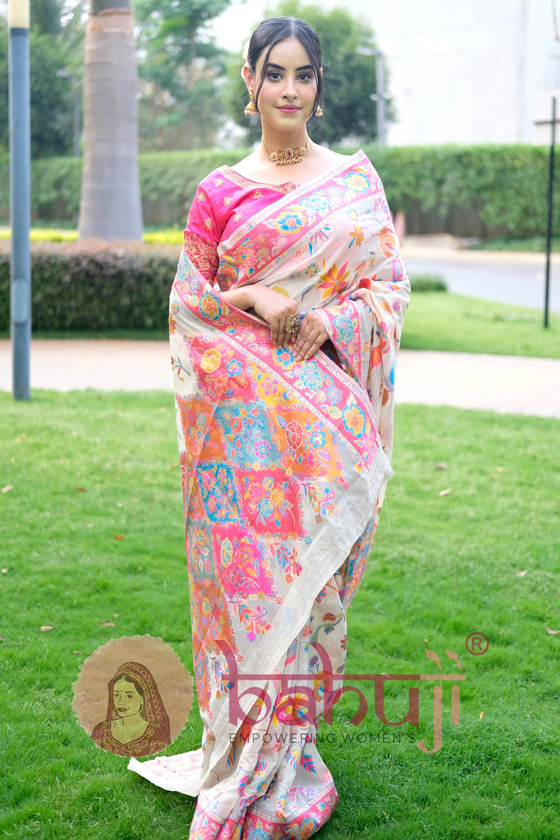 Creamy Kashmiri Modal Handloom Silk Weaving Saree