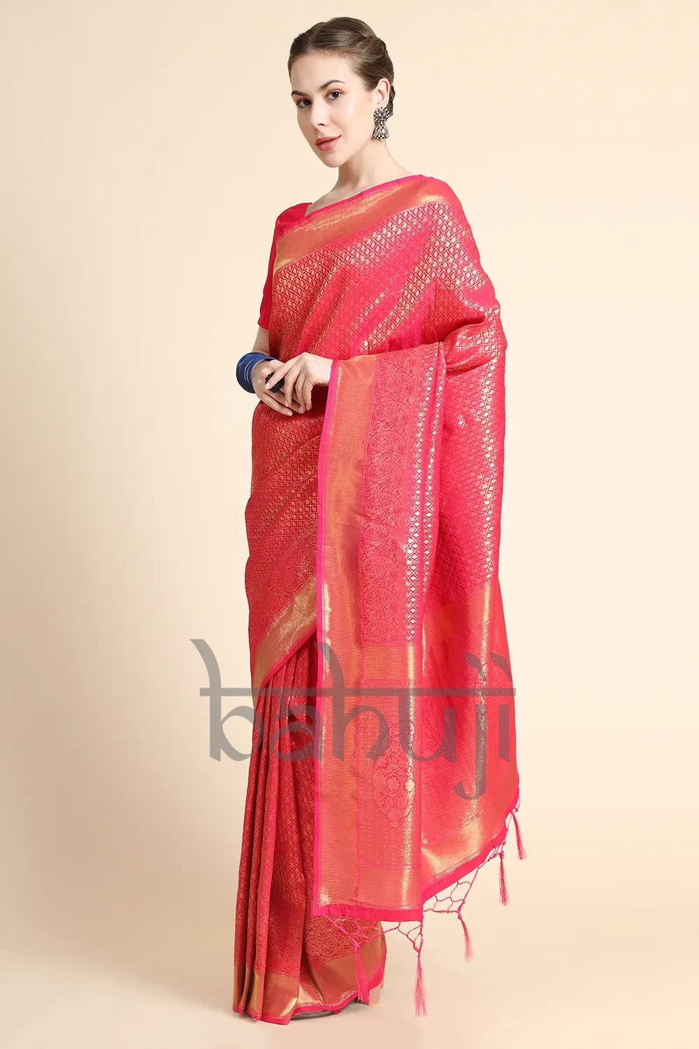 Cerise Pink &amp; Golden Zari Waving Kanjivaram Saree