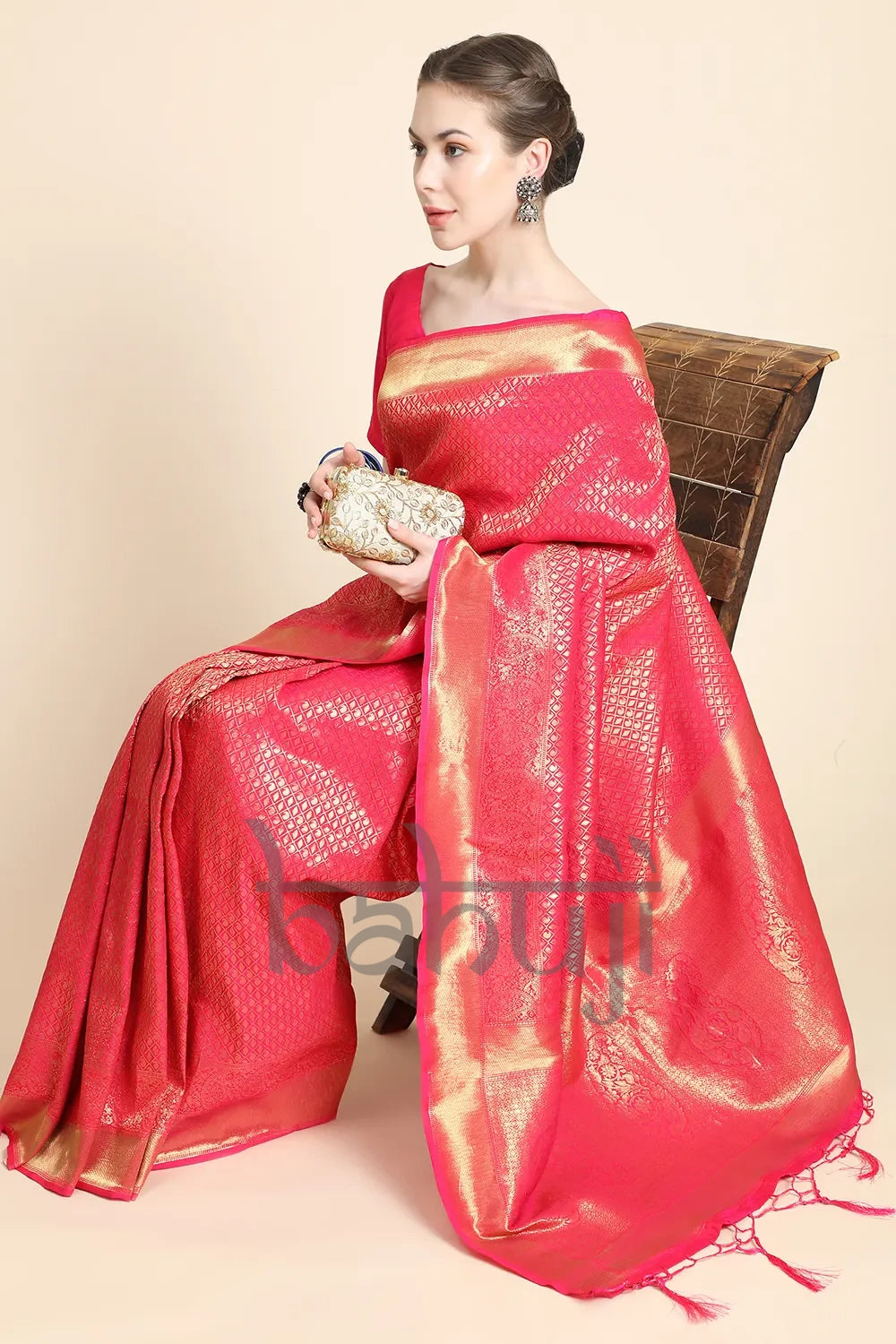 Cerise Pink &amp; Golden Zari Waving Kanjivaram Saree