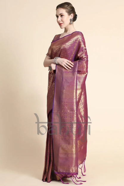 Shiny Hot Purple Gold Zari Woven Kanjivaram Silk Saree With Blouse