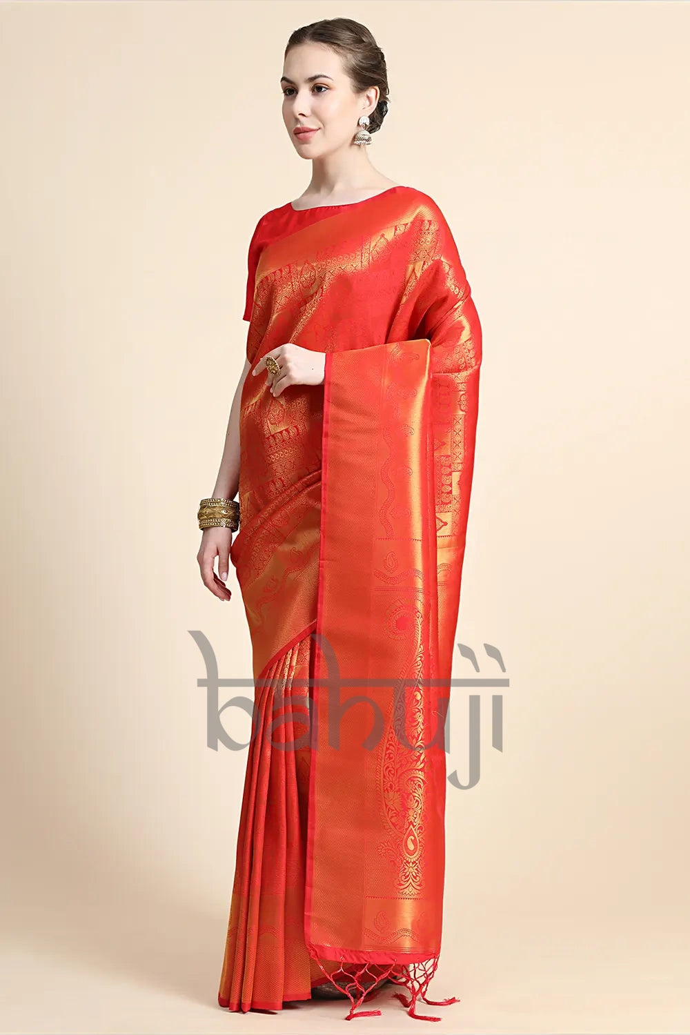 Shiny Red Gold Zari Woven Kanjivaram Silk Saree With Blouse