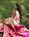 Closet mix Off-white and Pink Zari Border Saree With Blouse - Bahuji - Premium Silk Sarees Online Shopping Store