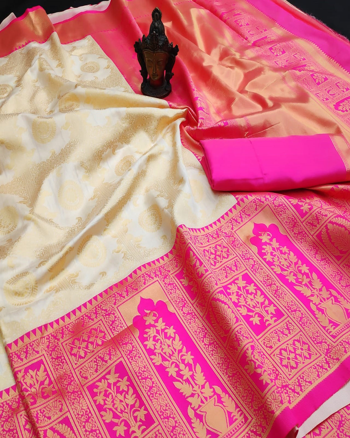 Closet mix Off-white and Pink Zari Border Saree With Blouse - Bahuji - Premium Silk Sarees Online Shopping Store