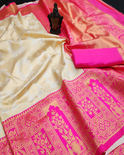 Closet mix Off-white and Pink Zari Border Saree With Blouse - Bahuji - Premium Silk Sarees Online Shopping Store
