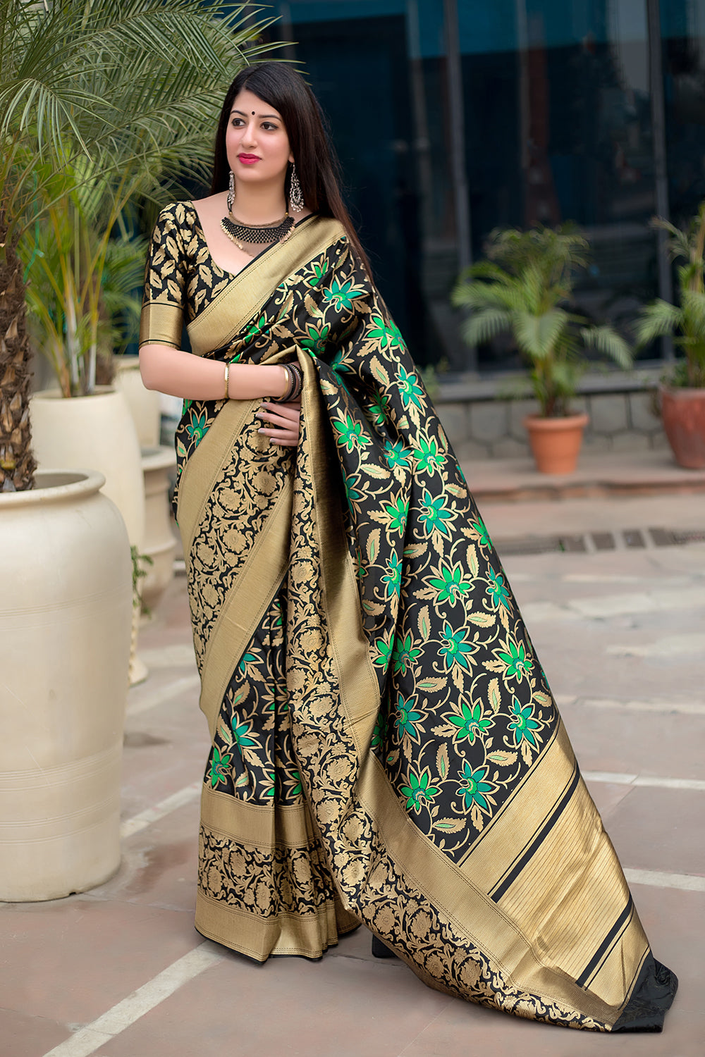 Black Golden Minakari Weaving Silk Saree With Blouse