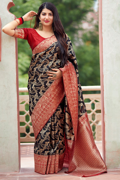 Black &amp; Red Golden Zari Woven Silk Saree With Blouse