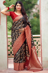 Black & Red Golden zari Woven Silk Saree With Blouse