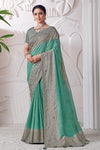 Aqua Green And Grey Cord and Sequins Embroidery Saree with Blouse