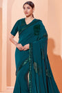 Teal Blue Lycra saree with Thread and sequins embroidery Work