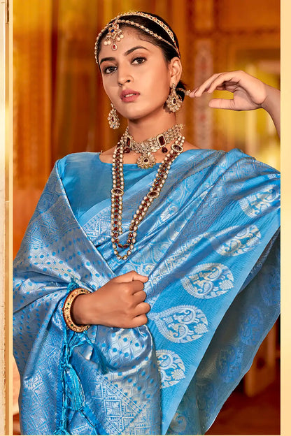 Sky Blue Cotton Silk Saree With Zari Weaving