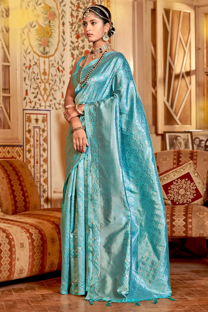 Light Blue Cotton Silk Saree With Zari Weaving