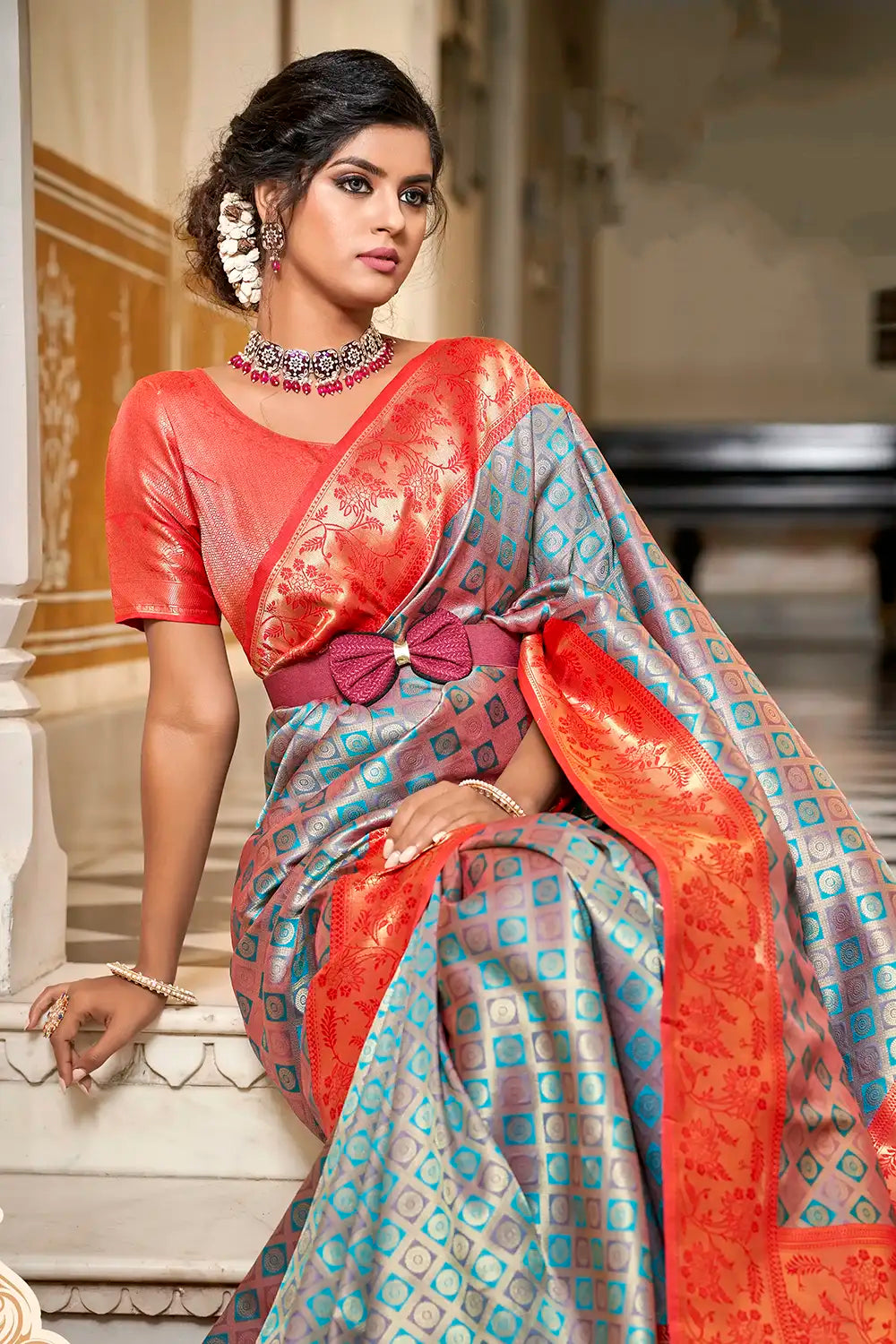 Sky Blue &amp; Orange Banarasi Handloom Saree With Zari Weaving