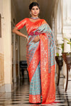 Sky Blue & Orange Banarasi Handloom Saree With Zari Weaving