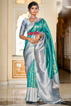 Sea Green & Gray Banarasi Handloom Saree With Zari Weaving