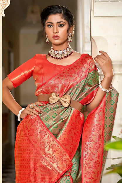 Green &amp; Orange Banarasi Handloom Saree With Zari Weaving