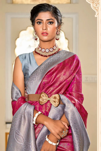 Pink &amp; Gray Banarasi Handloom Saree With Zari Weaving