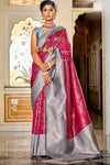 Pink & Gray Banarasi Handloom Saree With Zari Weaving