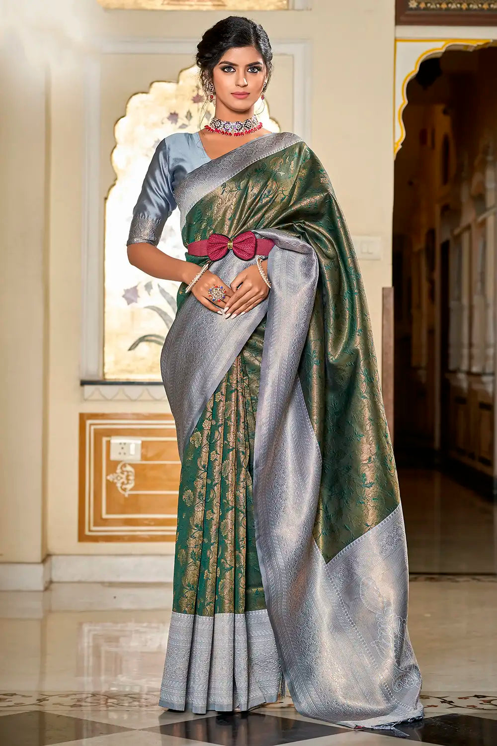 Green &amp; Gray Banarasi Handloom Saree With Zari Weaving