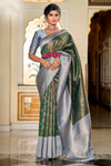 Green & Gray Banarasi Handloom Saree With Zari Weaving