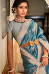 Sky Blue & Gray Banarasi Handloom Saree With Zari Weaving